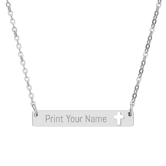 Engravable Cutout Cross Bar Necklace — Personalized Name Plate Religious Jewelry